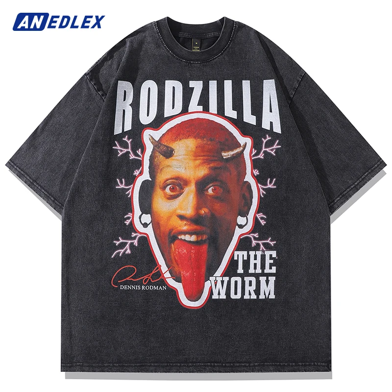 

Hip Hop Streetwear Cool Men Cotton Dennis Rodman Portrait T Shirt Summer Short Sleeve Vintage Tees Graphic Fashion T-Shirts