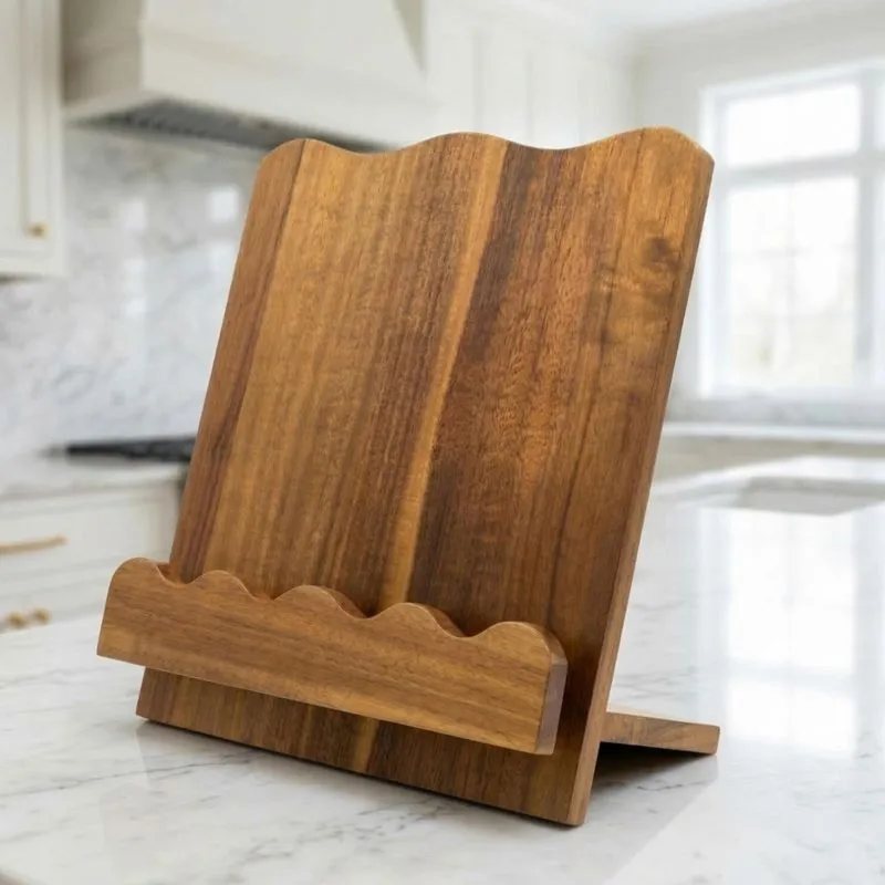 DT19 Wooden Cookbook Stand for Kitchen Counter, Solid Wood Recipe Stand Scalloped Book Holder for Books Tablets