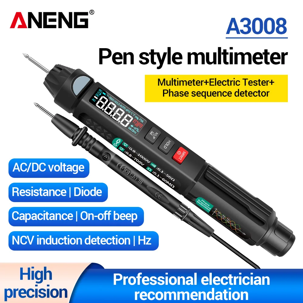 

Цифровой мультиметр-ручка ANENG A3008: тестер напряжения AC/DC, интеллектуальный бесконтактный измеритель с обратным дисплеем, инструмент электрика для проверки диодов