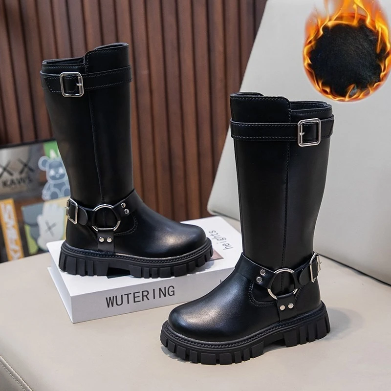 Winter Kids Fashion Boots Black School Girls Catwalk Boots Matte PU Non-slip Children Causal Cotton Boots Long High Versatile