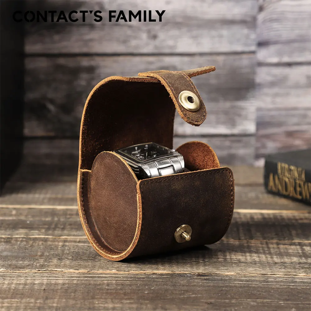 CONTACT\'S FAMILY Handmade 100% Cow Leather Retro Single Watch Roll Organizer for Men and Women Gifts Travel Case With Buckle