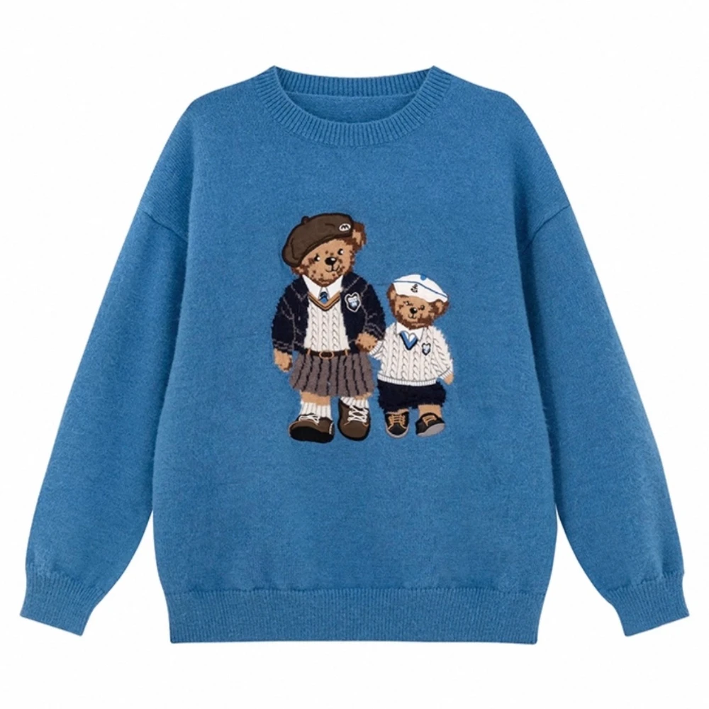 New High Quality Embroidery Cartoon Sweater American Sweet Cute Bear Graphic Shirts Winter Knitwear Jumper Y2K Top Korean Trendy