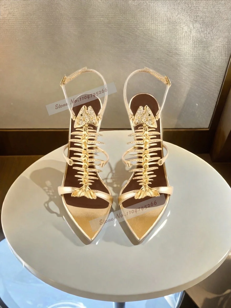 Silver Metal Fishbone Embellished High Heel Sandals Buckle Strap Pointed Toe Dress Pumps Glitter Rhinestone Stiletto Heels
