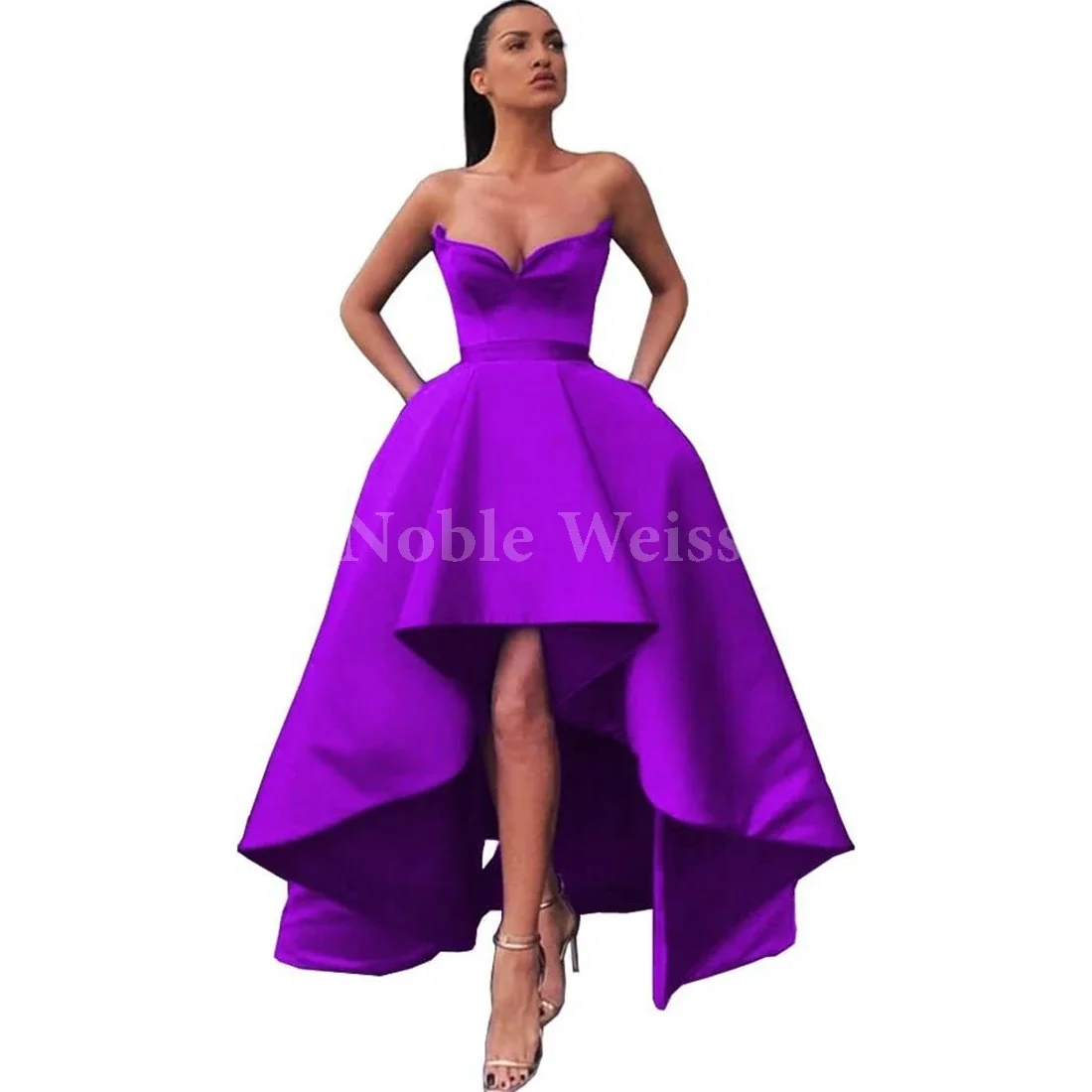 

Women's High Low Sweetheart Strapless Prom Dresses Satin Lace Up Back Evening Gowns Customized