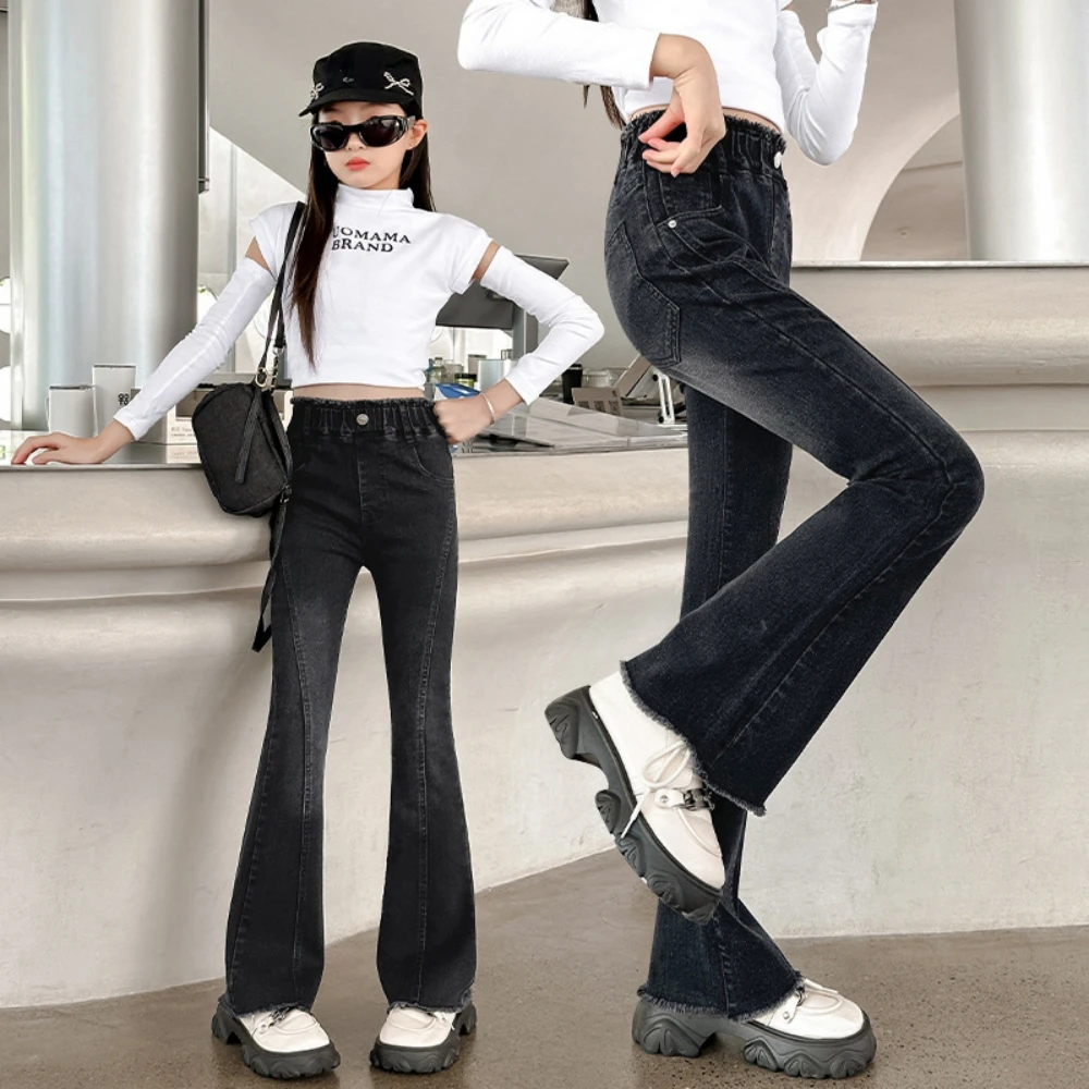 Herbstliche neue Schlaghose für Kinder, geeignet für Mädchen im Alter von 6–14 Jahren, Slim-Fit-Jeans, natürliches Design mit ausgefranstem Saum