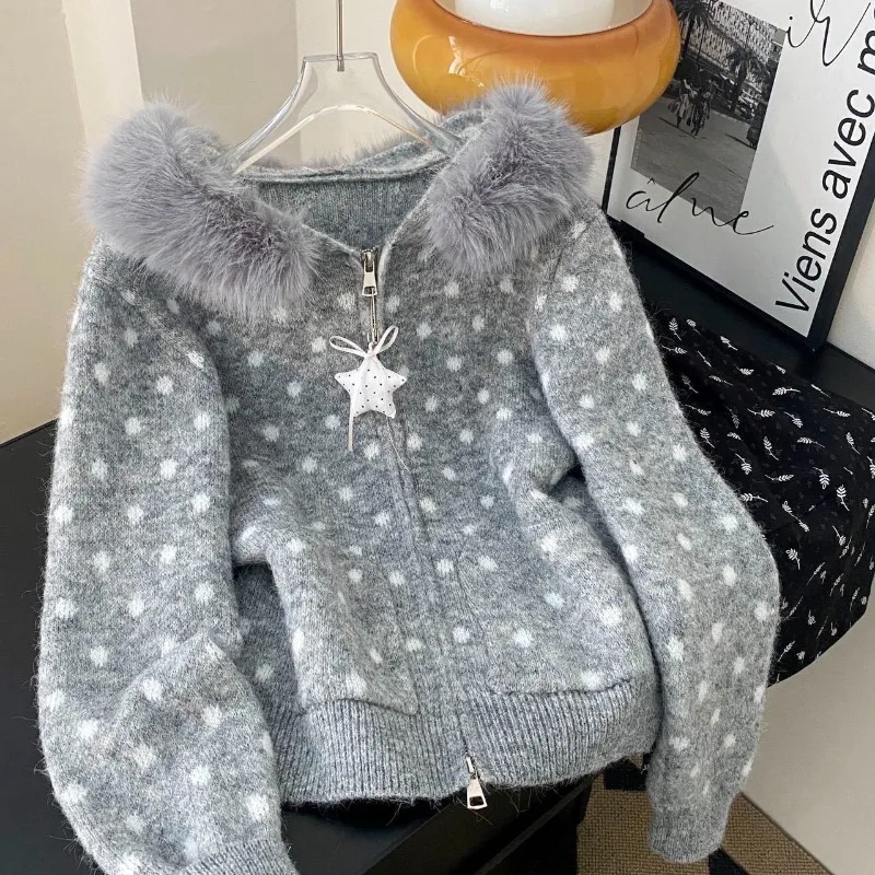 Autumn Winter Korean Version Women Sweater Coat Gray Polka Dot Sweater Loose Lazy Versatile Long Sleeved Hooded Knitted Cardigan