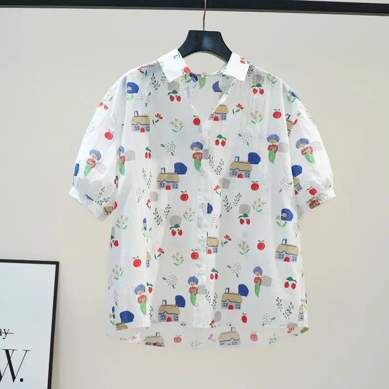 Camisa pequeña con estampado fresco para mujer, camisa informal suelta de manga corta, top y2k popular de celebridades de Internet jóvenes, moda de verano