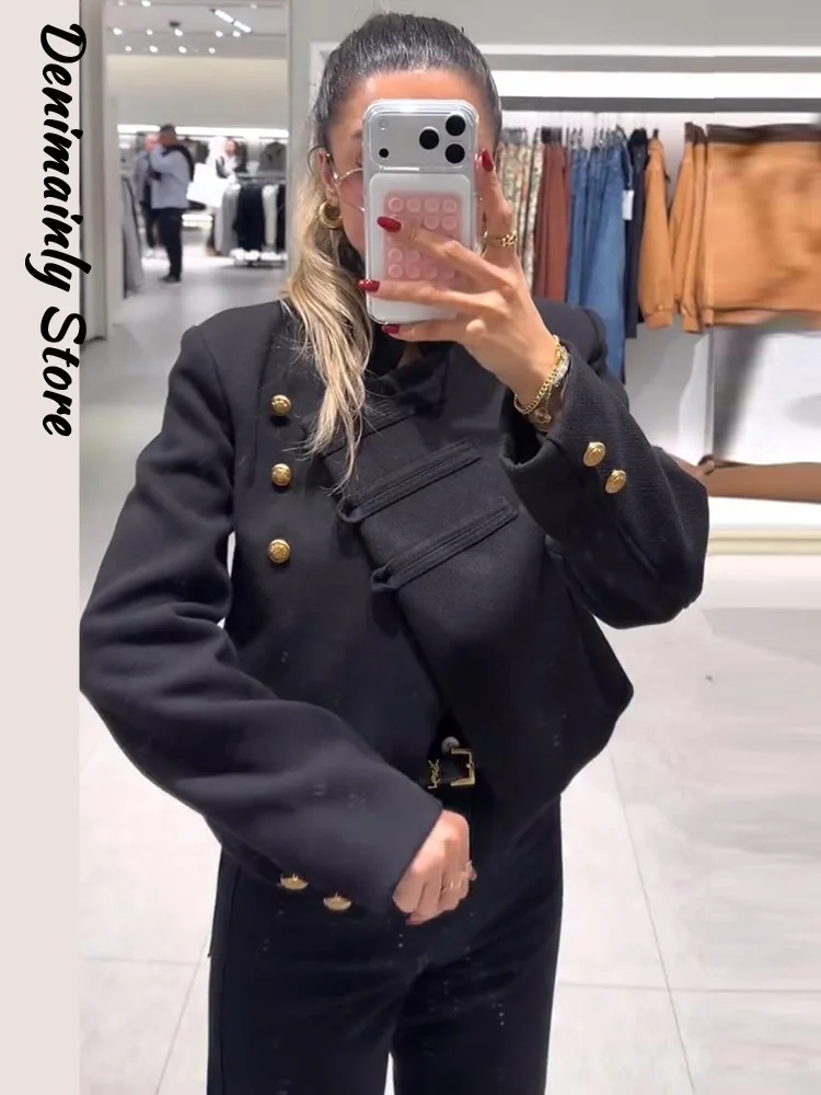 Elegant Women's Shoulder Pads Jacket Slim Stand Collar Long Sleeve Diagonal Button Short Coat 2026 Autumn Lady Commuting Outwear
