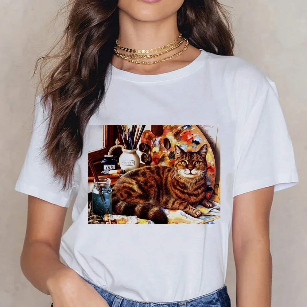 Funny Cat T-shirt Masterpiece of Art Oil Painting Cat Printed Funny Sloth Graphic TShirt Short Sleeve Casual White Tops Clothing