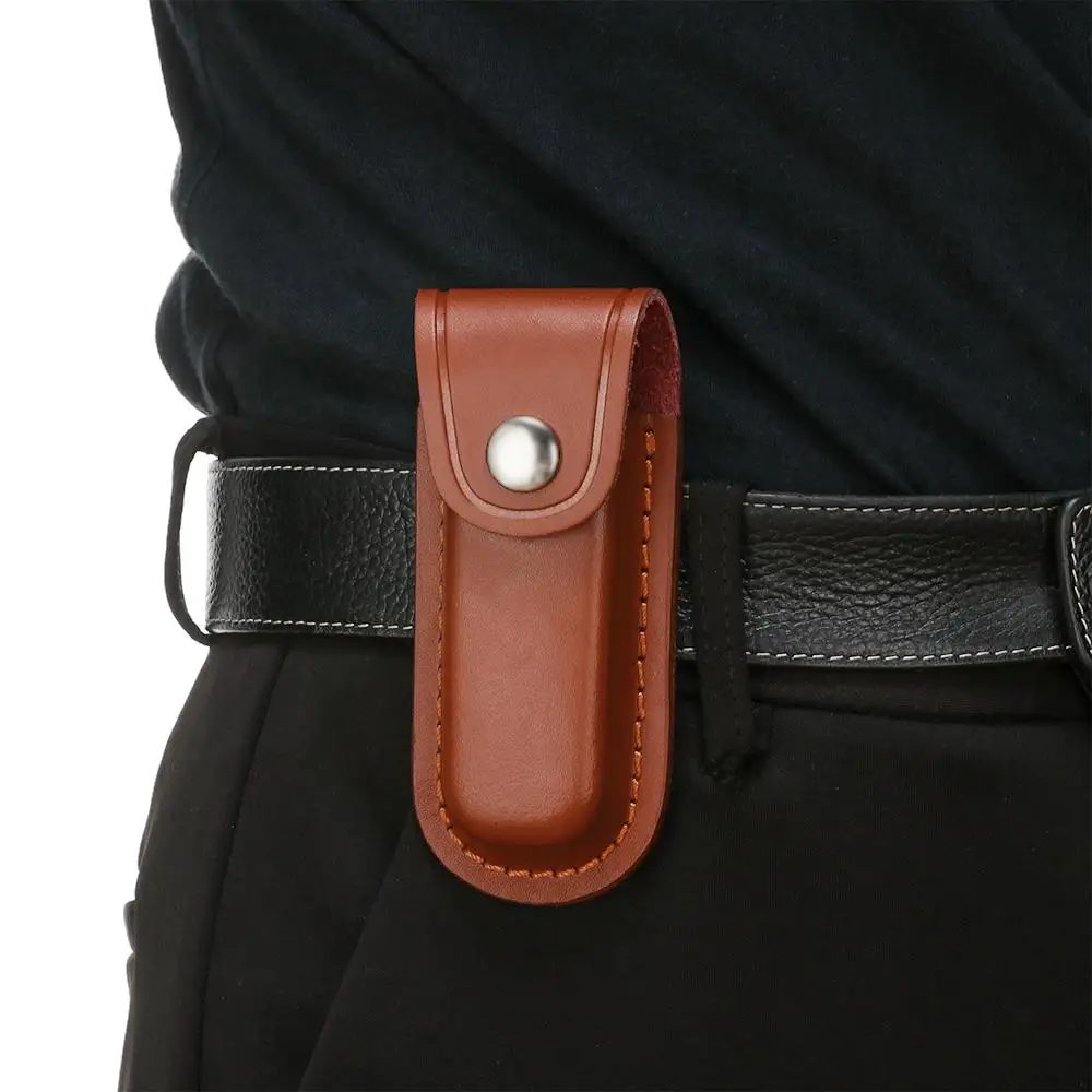Fold Knife Tool Brown Leather Sheath Holder Pocket Hunt Flashlight Case Fold Knife Tool Belt Loop Case Camp Outdoor Carry