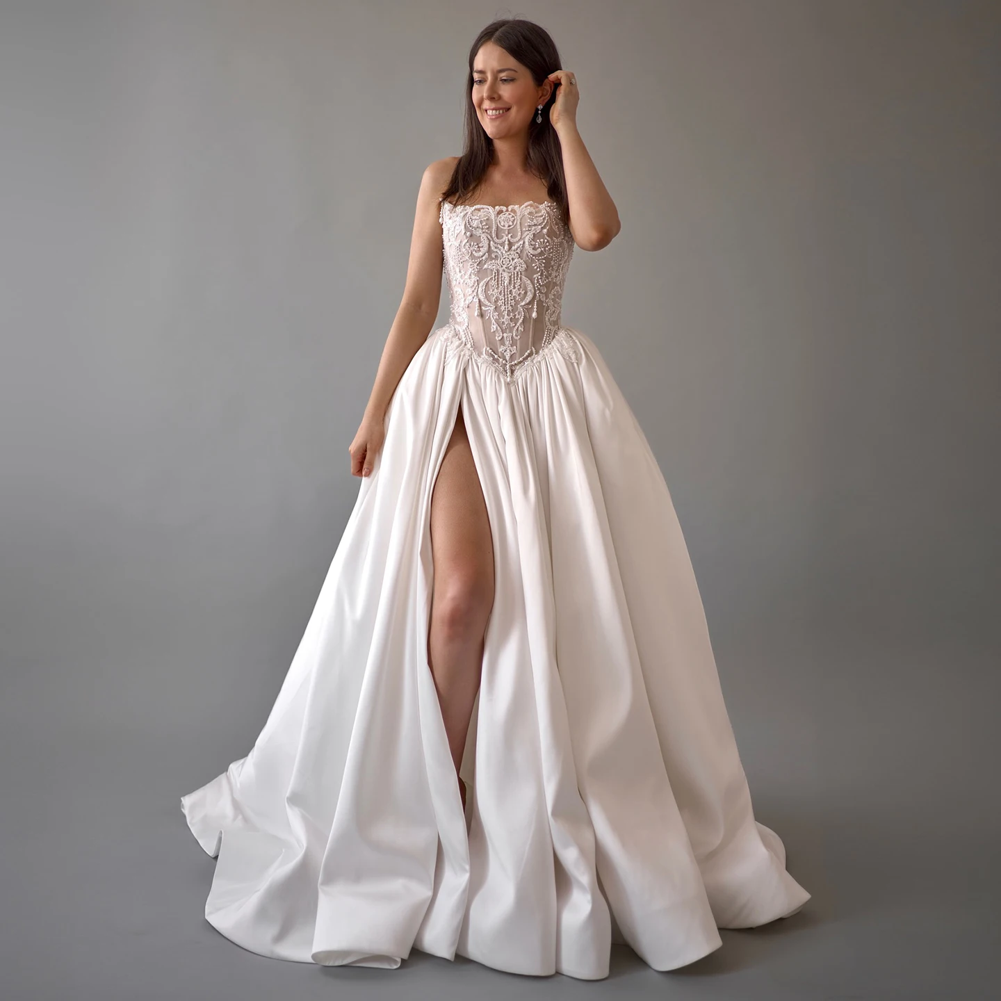 

Sharon Said 2025 Elegant Off White Satin A-Line Wedding Dress High Split Strapless Vintage pearl Bridal Gown SW064 Customized