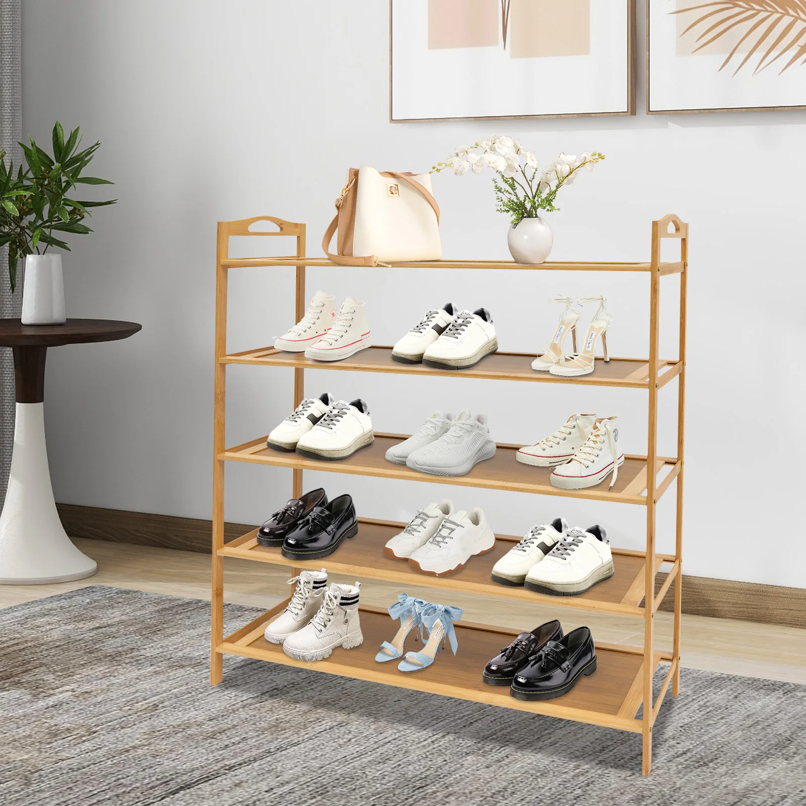 

5-Tier Shoe Storage Rack Bamboo Shoes Shelf Organizer Multi-tier Free Standing Shoes Rack for Living Room