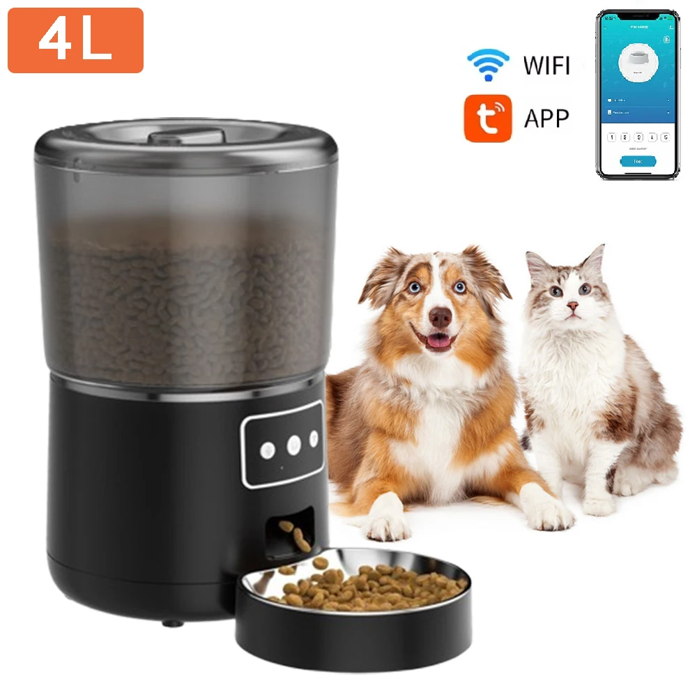 Automatic Pet Feeder 4L Capacity Smart Timer Tuya Control Food Dispenser with Stainless Steel Bowl Dogs Cats Feeding Supplies