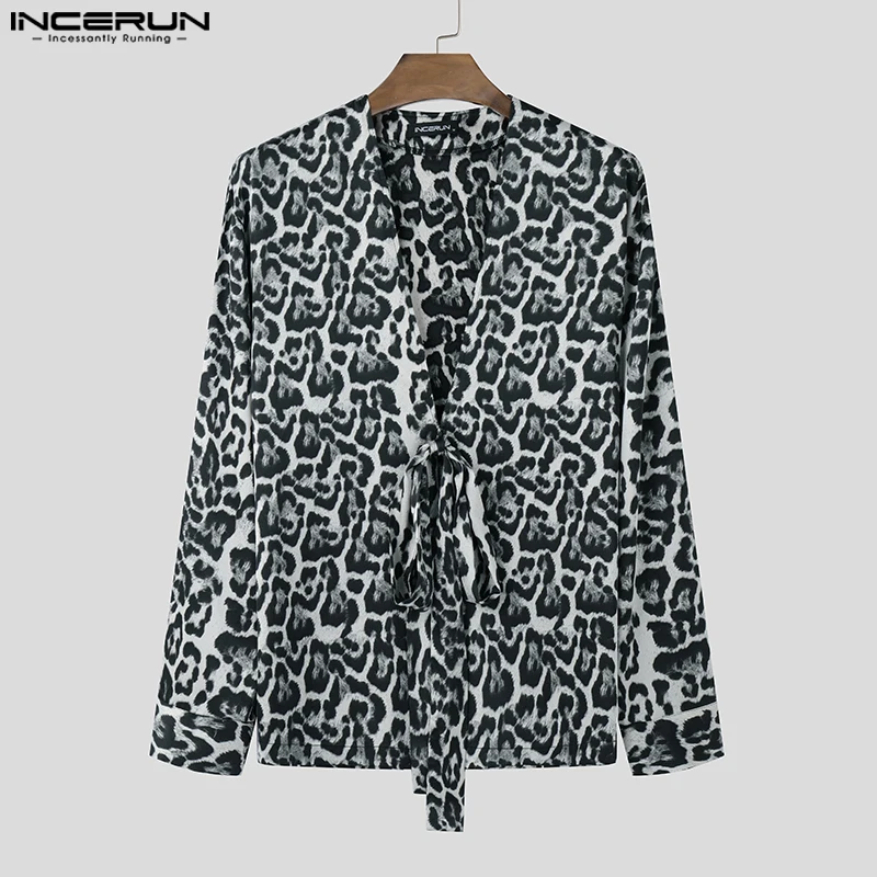 Tops de estilo informal a la moda, camisas con estampado de leopardo para hombre INCERUN, blusa de manga larga con personalidad masculina Sexy, superventas, S-5XL