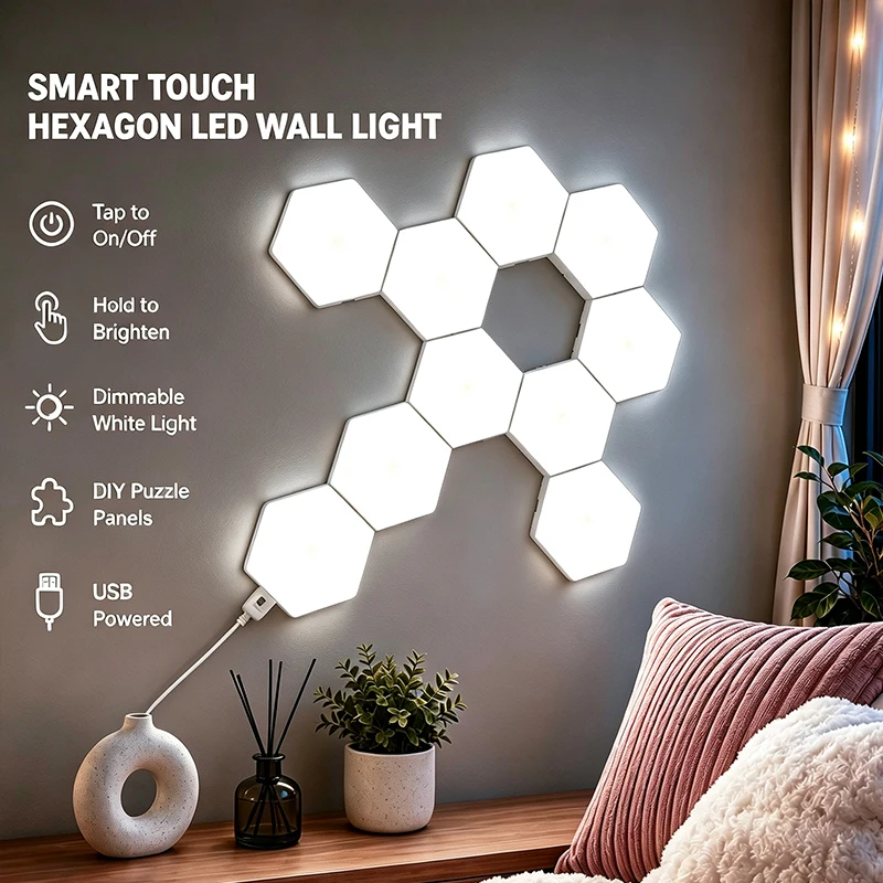 Smart Touch Hexagon LED Wall Light Modular DIY Puzzle Panels Dimmable White Ambient Night Light USB Powered No‑Drill Adhesive Wall Decor & Auxiliary Lighting for Bedroom Gaming Room Living Room