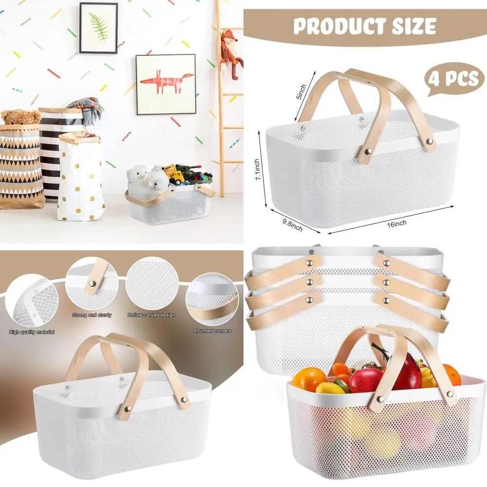 

Большие белые пластиковые корзины-сетки с деревянными ручками для кухни, сада и пикника
