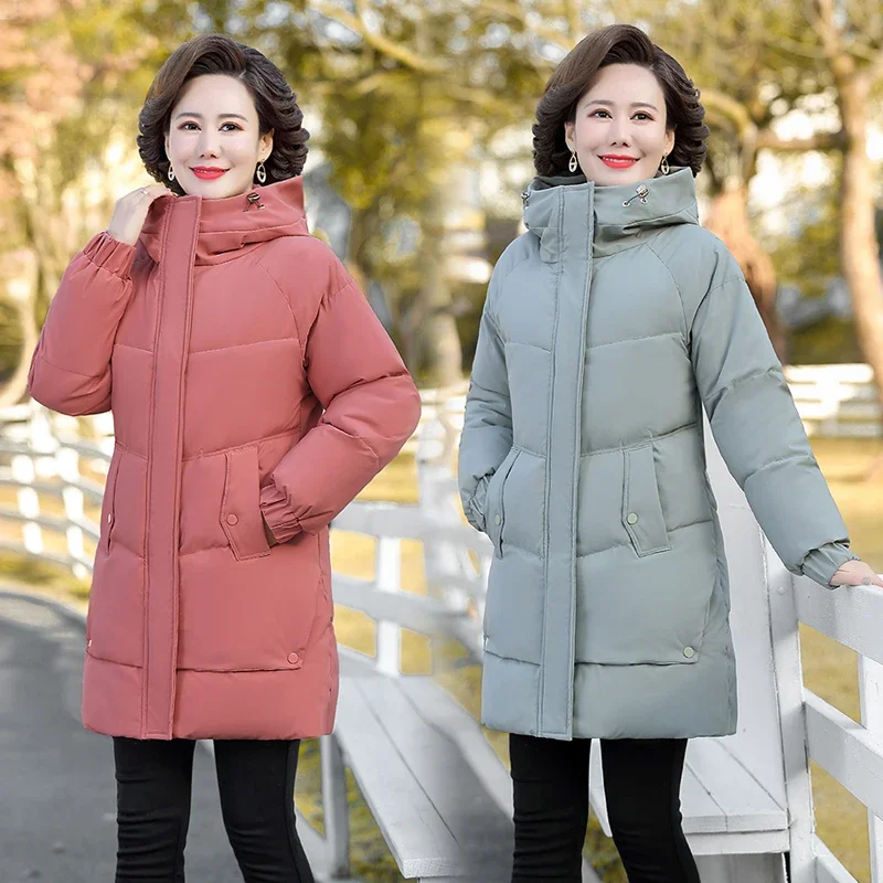 Veste d'hiver rembourrée en coton à capuche, parka épaisse en polaire de couleur unie, pardessus chaud et ample, manteau de neige pour grand-mère d'âge moyen et grand-mère