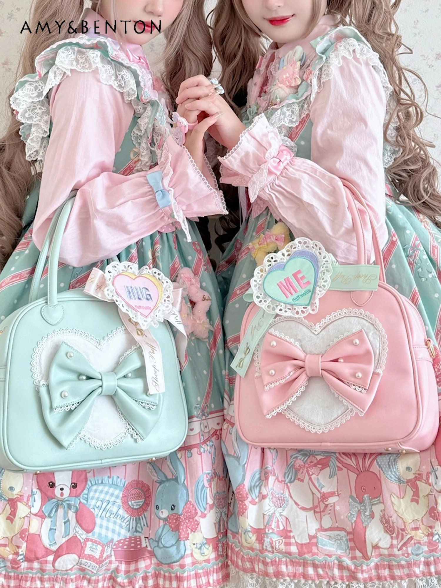 Lollita Handbag Women Original Design Cute Bow Lace Sweet Girl Patchwork Color Single Shoulder Bag Elegant Princess PU Handbag