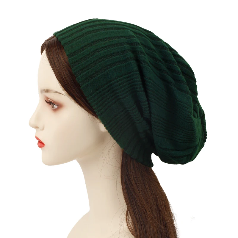 Geebro Women Solid Color Knitted Striped Beanies Hat Autumn Winter Warm Skullie Beanie Casual Loose Bonnet Hip Hop Caps