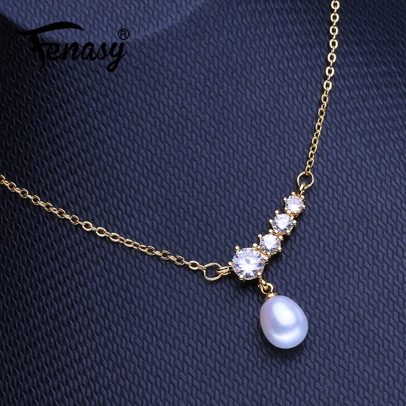 FENASY Natural Freshwater Pearl Necklaces For Women Gold Color Pendant With Chain Wedding Engagement Jewelry
