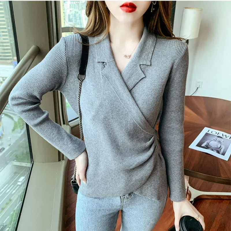 Autumn Fashion Elegant Sweater Pullover Simple Asymmetric Cross V-neck Long Sleeved Women\'s Solid Button Slim Versatile Knit Top