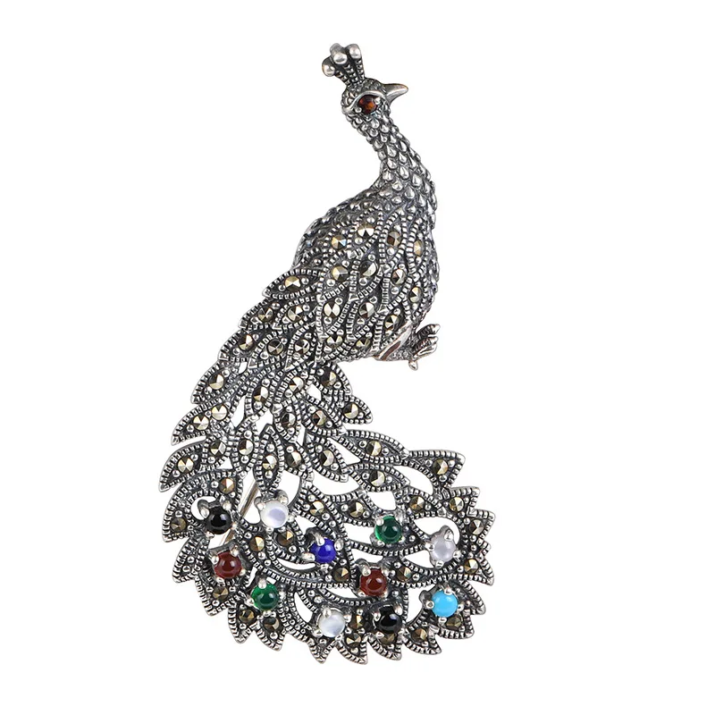 

Exaggerated Thai Silver Peacock Pendants for Women Exotic Marcasite Phoenix Necklaces 925 Silver Animals Agate Jewelry NO Chains