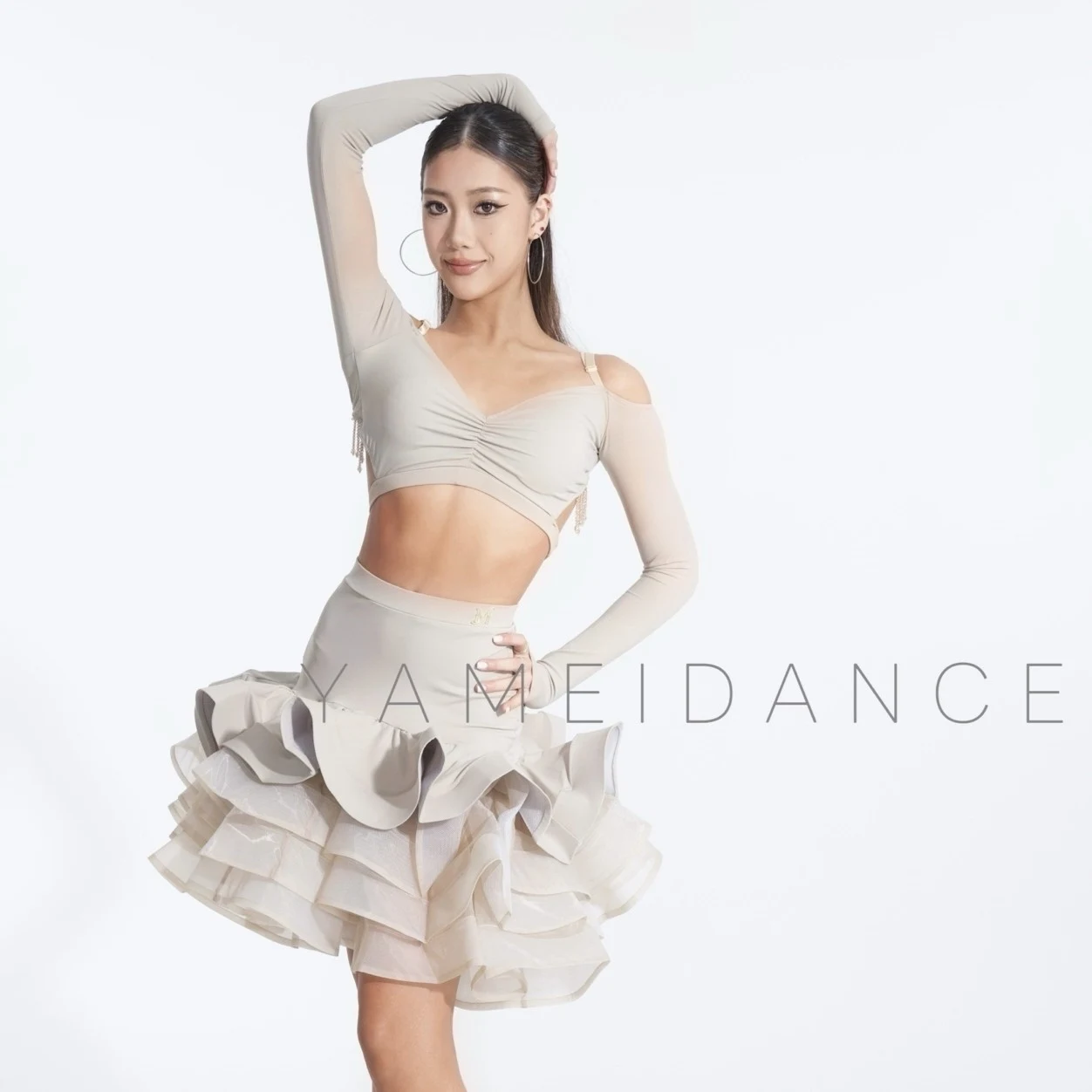 

2026 Latin Dance Clothes Women Performance Suit Long Sleeves Short Tops Fluffy Fish Bone Skirt Sexy Competition Clothing SS1780