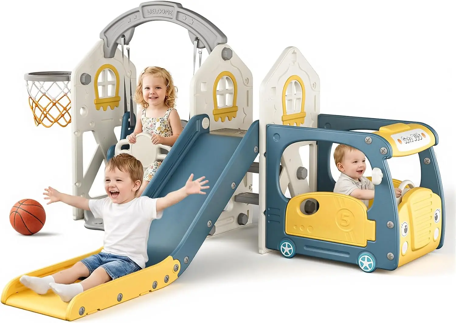 5-in-1 Bus Themed Toddler Slide Swing Set for Kid 1-3 Home/Backyard