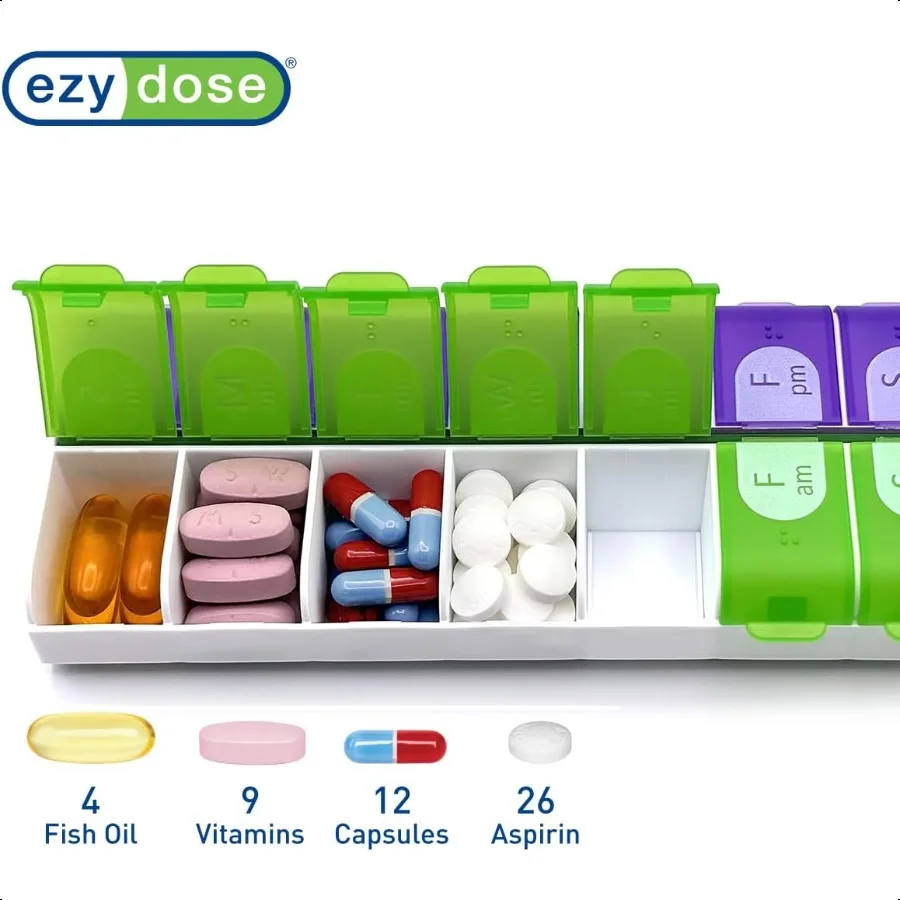EZY DOSE Easy Fill 7Day Pill Medicine Vitamin Organizer Box Weekly 2 Times a Day AM PM Large Compartments Colored Lids 1 Count