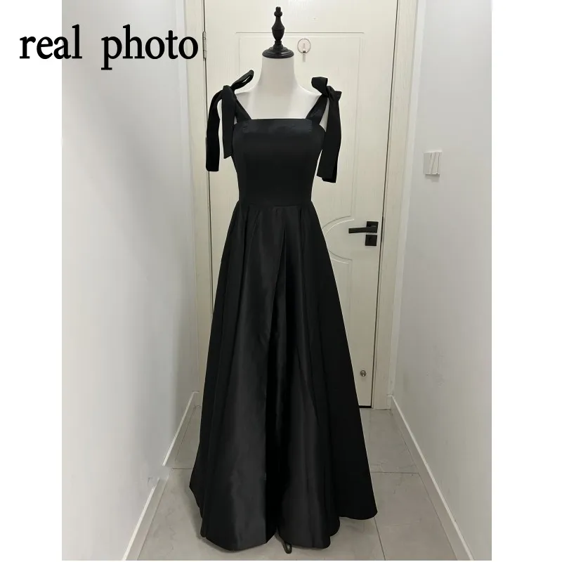 Vestidos de novia sencillos negros para mujer, elegantes vestidos de noche largos de satén con tirantes finos, línea A, Abiti Da Sposa