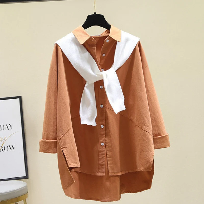 Spring 2022 Female KPOP Fashion Style Cotton Oversized Loose Casual Lapel Buttons Asymmetrical Solid Long Sleeve Shirt Blouse