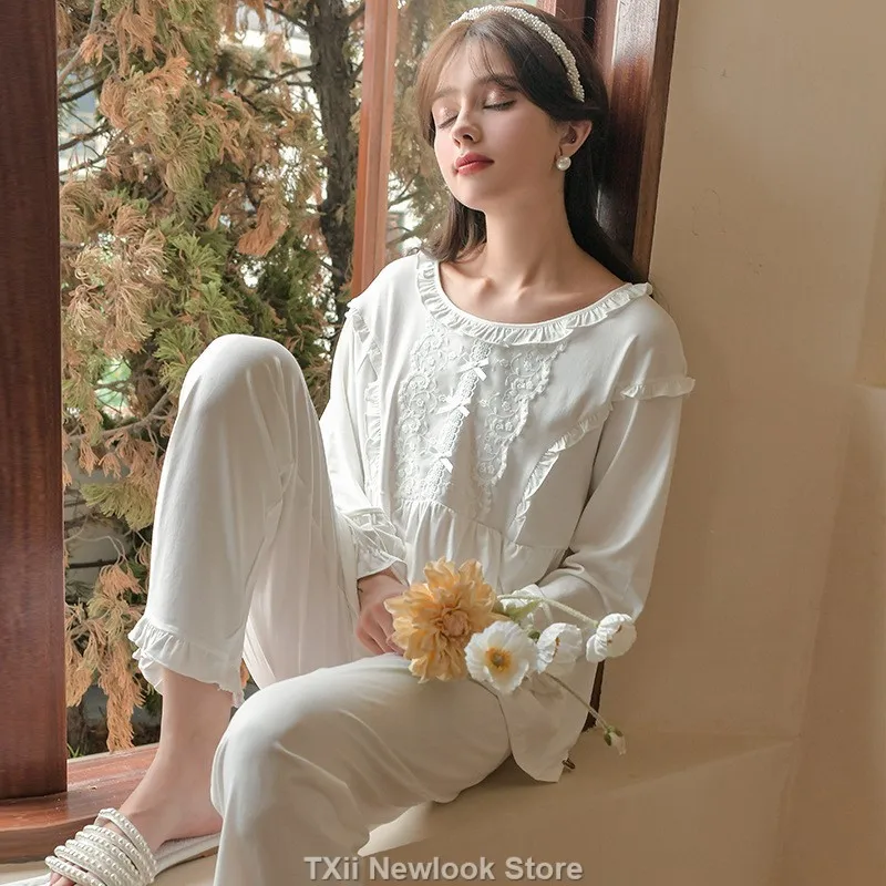 TXii Palace-style French sweet lace pajamas set for women, long-sleeved home wear for autumn 2023.Spring and Autumn