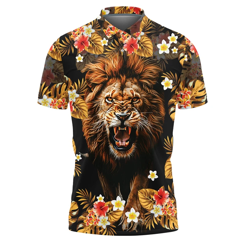 Animal Lovers Polo Shirts For Men Clothes Hyena Bear Tiger Wolf Graphic Graphic Casual Animals Short Sleeve Hawaiian Flower Tops