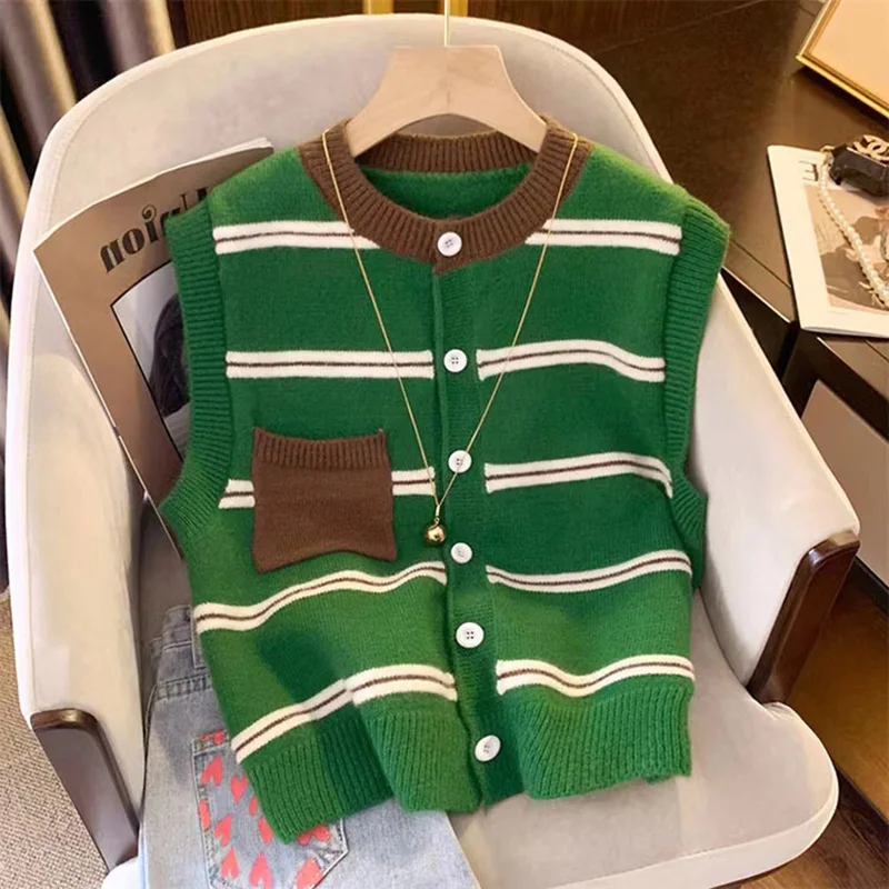 Striped Round Neck Knitted Sweater Cardigan Women\'s Loose Colored Sleeveless Vest Top Single Breasted Fashion Pocket Jacket