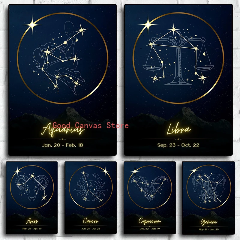 Zodiac 12 Constellation Canvas Painting Leo Libra Aries Virge Vintage Posters and Prints Wall Art Pictures For Room Home Decor