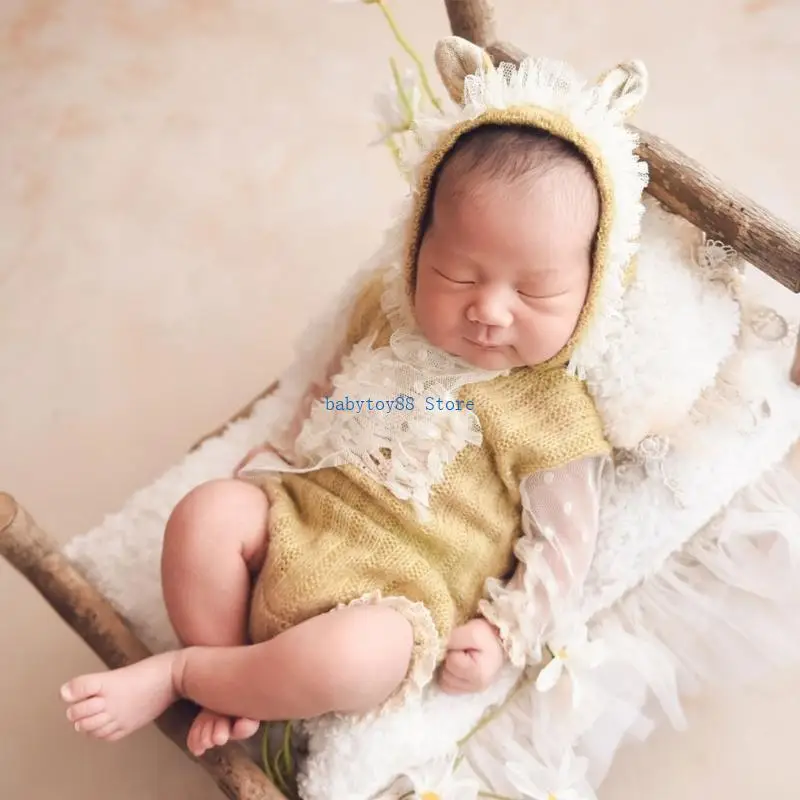 Y4UD Baby Photo Clothing Princess Lace Jumpsuit & Elastic Headband Long Sleeve Romper Newborns Shower Party Elegant One-piece