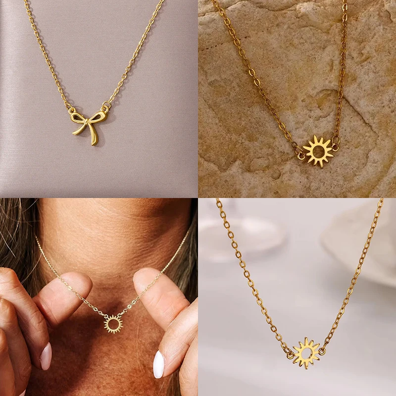 Vintage Hohl Sonne Halsketten Für Frauen Edelstahl Gold Farbe Sonne Anhänger Halskette Femme Luxus Hochzeit Schmuck Geschenk