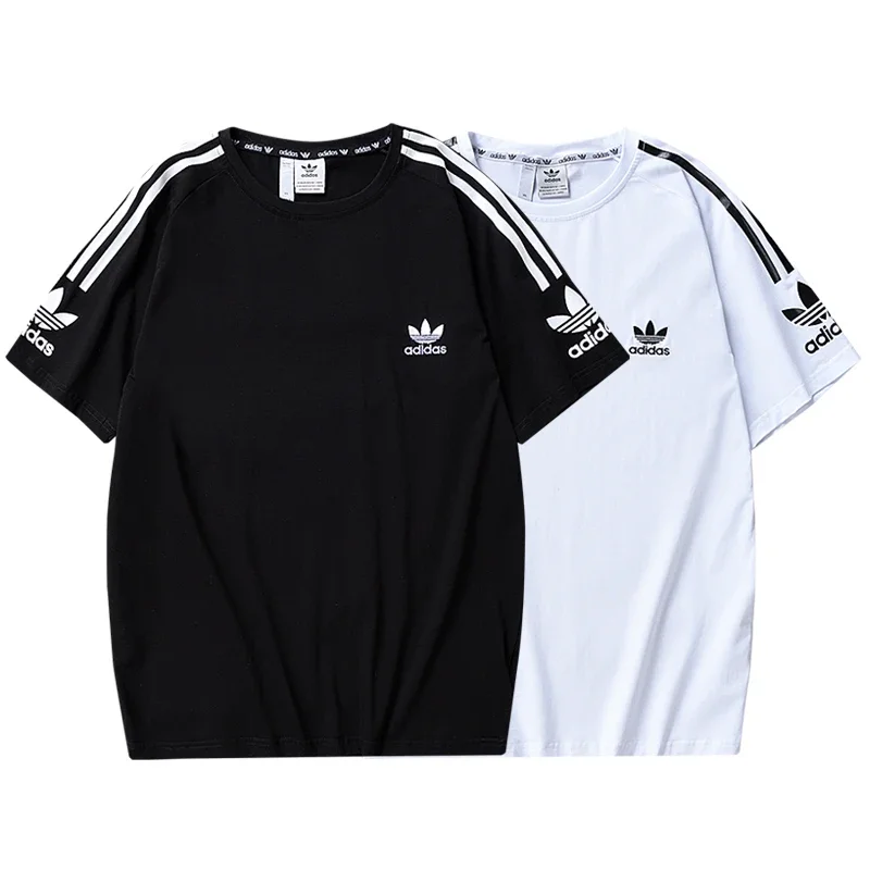 Adidas 2025 White Stripe T-shirts Summer Short Sleeve Round Nest Fashion Breathable Men Women Casual Shirt Top M-5XL image 2
