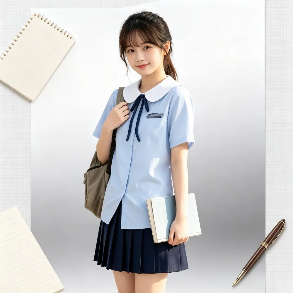 Korean Preppy Uniform Set Peter Pan Collar Navy Shirt Pleated Skirt Women Matching Outfit For Graduation Class Activity Cosplay