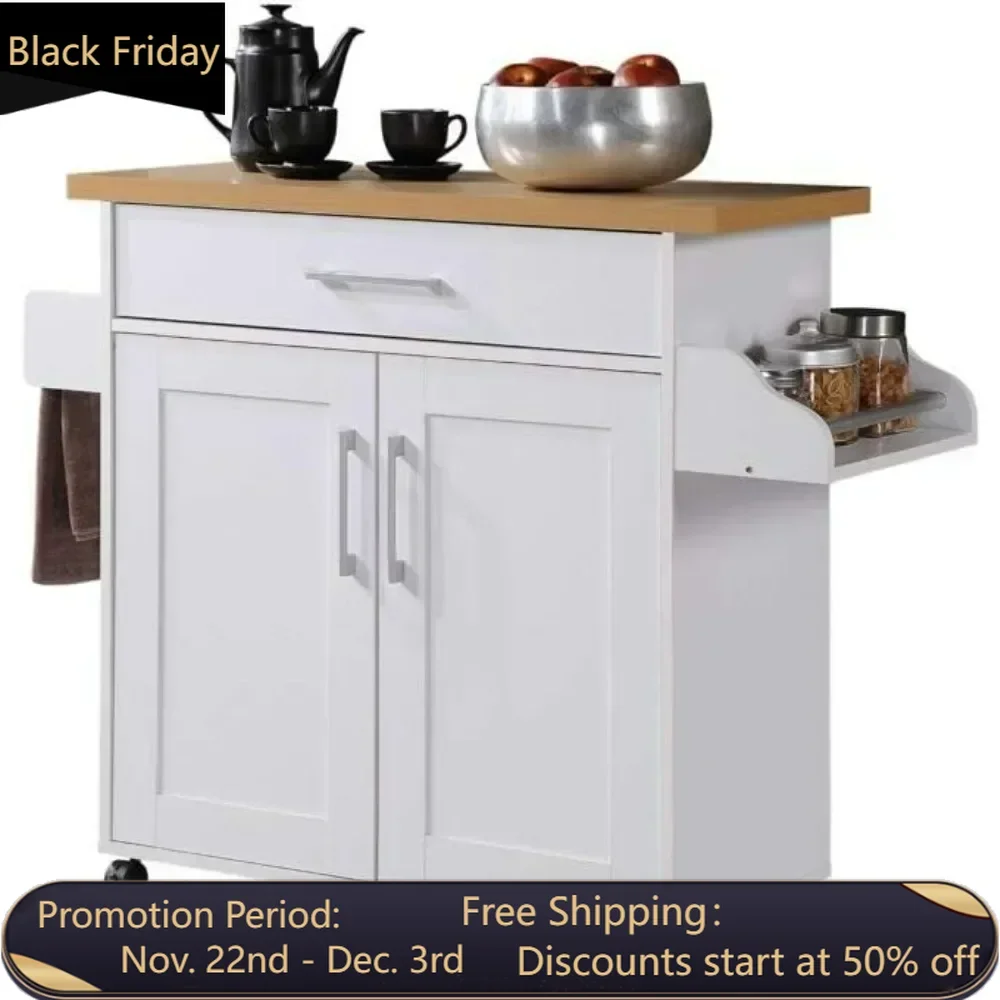 

Kitchen island with spice rack, towel rack, and drawers, white with oak countertop, 15.5 x 35.5-44.9 x 35.2 inches