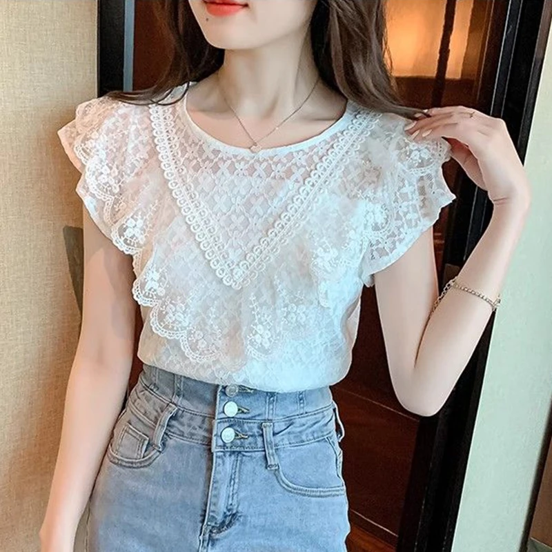Vintage Hollow Out Lace Blouses Women Summer Short Sleeve Soild Y2k Clothes Slim French Ladies Casual White Tops Sweet Shirts view 4