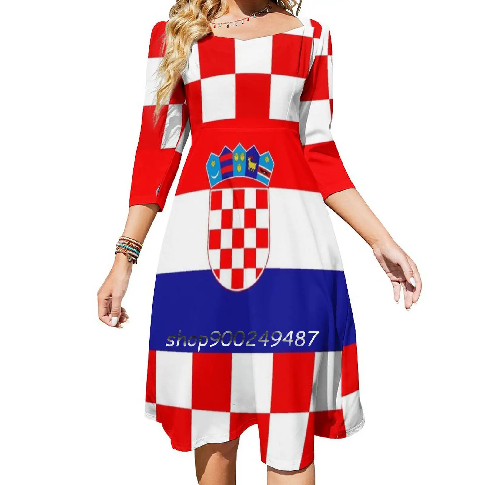 Croatia 4 Flare Dress Square Neck Dress Elegant Female Fashion Printed Dress Republic Of Croatia Republika Hrvatska Croatian