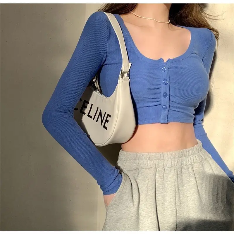 Sexy Crop Top Long Sleeve T Shirt for Women 2026 Spring Autumn New Solid Color Slim Fit Bodycon Open Front Cardigan Short Blouse