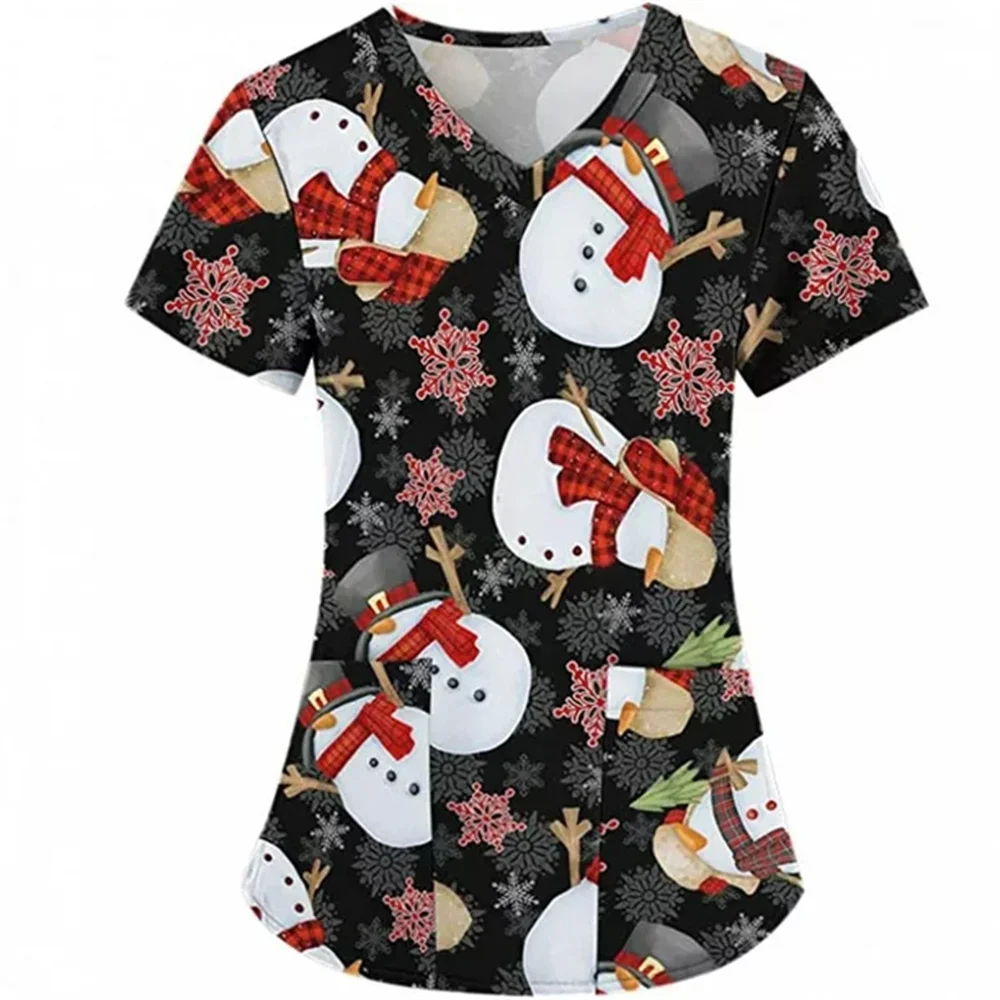 

Women Medical Uniform Christmas Snowman Pattern Dental Women's Hospital Uniform Tops V-Neck Short Sleeve Nursing Medical Uniform