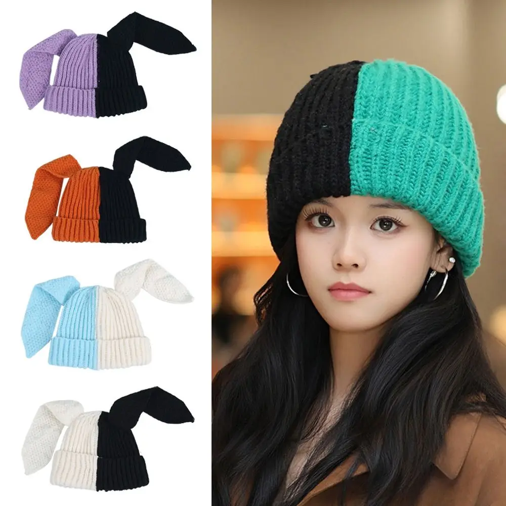 

Cute Cartoon Knitted Woolen Cap Contrast Color Windproof Rabbit Ear Hat Keep Warm Thickened Ear Protection Hat Outdoor Cycling