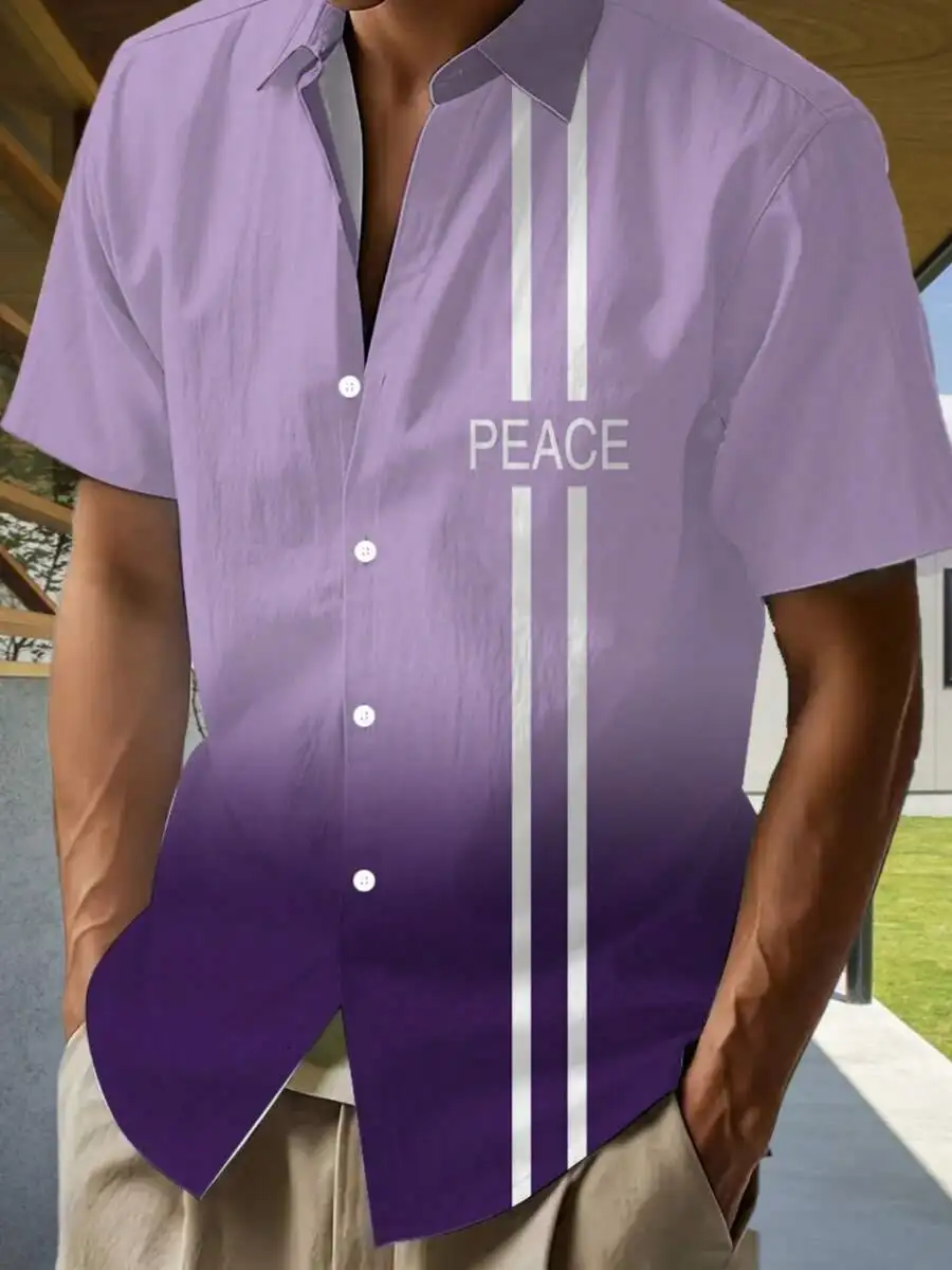 

Peace Gradient Print Men Short Sleeve Casual Button Up Shirt Purple