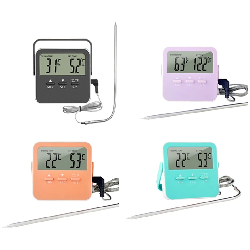Digital Food Thermometer Cooking Temperature Alarm Cooking Timer With LED Display Stainless Steel Probe