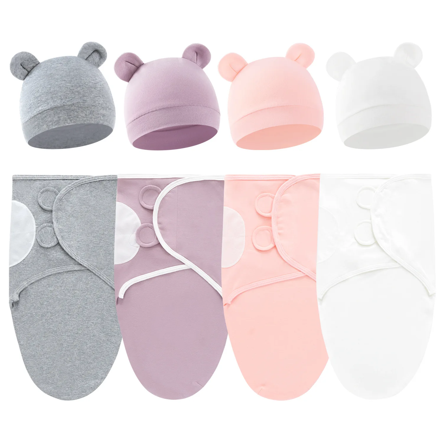 Conjunto de Envoltura de Algodón para Recién Nacido con Diseño de Oso Adorable + Gorro, Saco de Dormir Anti-Sobresalto para Bebé, Ropa de Dormir para Bebés de 0 a 6 Meses
