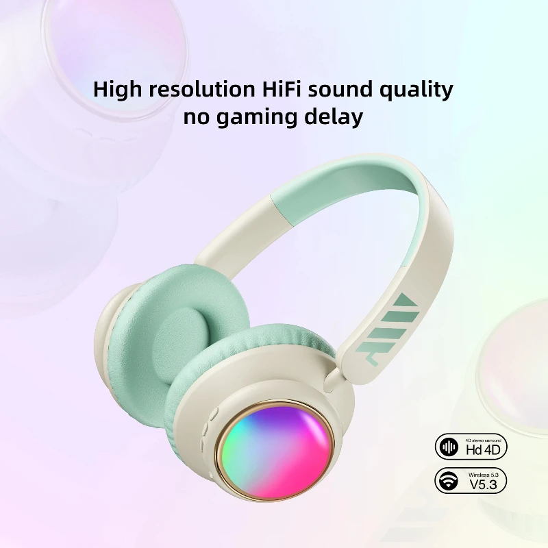 Som surround de alta fidelidade sem fio bluetooth ultra longa vida útil da bateria cabeça montada com cancelamento de ruído fones de ouvido luz colorida rgb