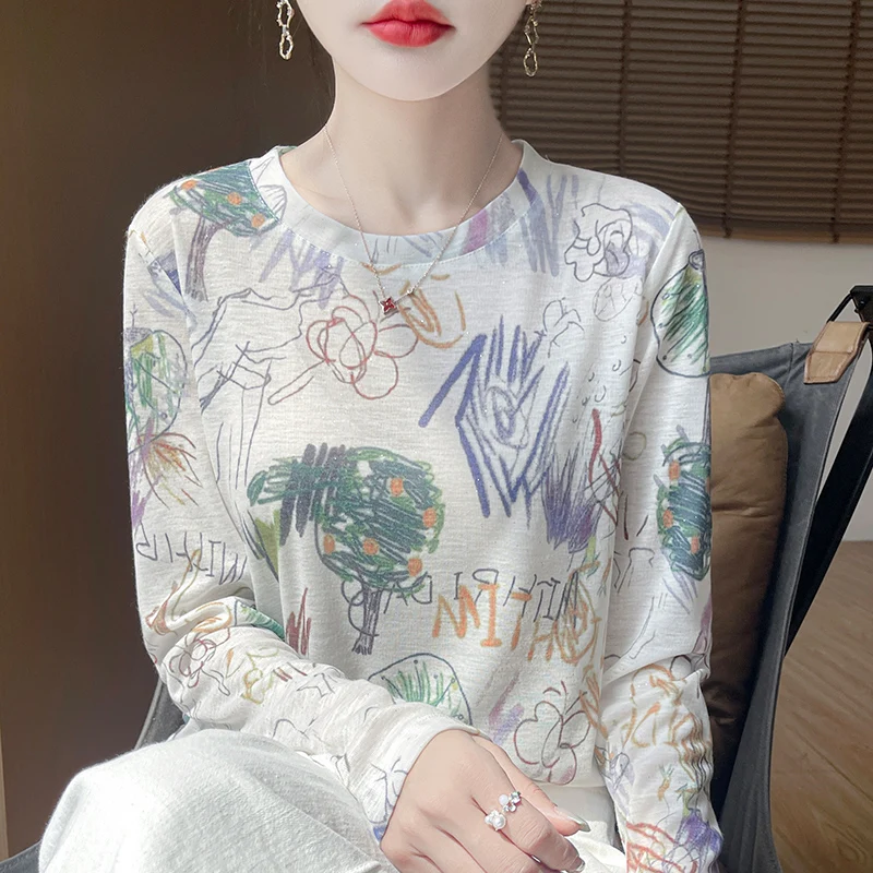 

Summer New Water-soluble Printing Long Sleeve T-shirt Knitted Bottom Shirt Women's Round Neck Thin Shirt Sunproof